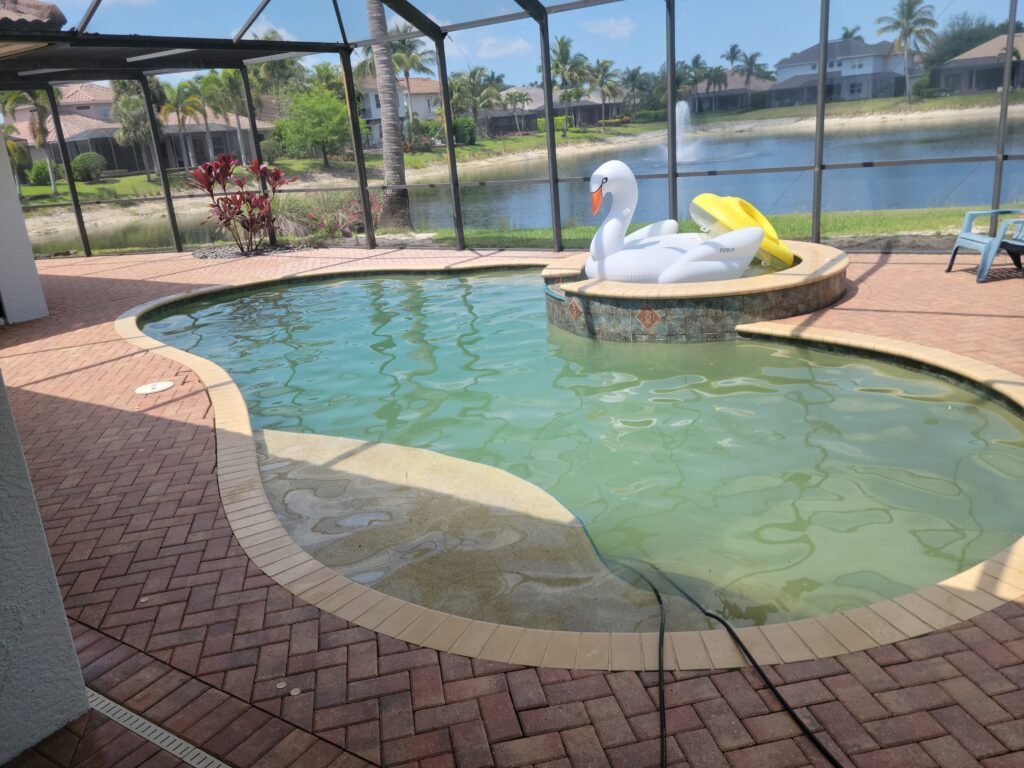 A serene pool area with clear water and a floating swan inflatable, maintained by Pinnacle Pressure Cleaning and Sealing, showcasing Naples pressure cleaning services.