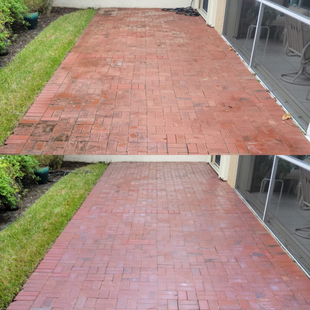Brick patio cleaning transformation by Pinnacle Pressure Cleaning and Sealing, LLC in Naples, FL.
